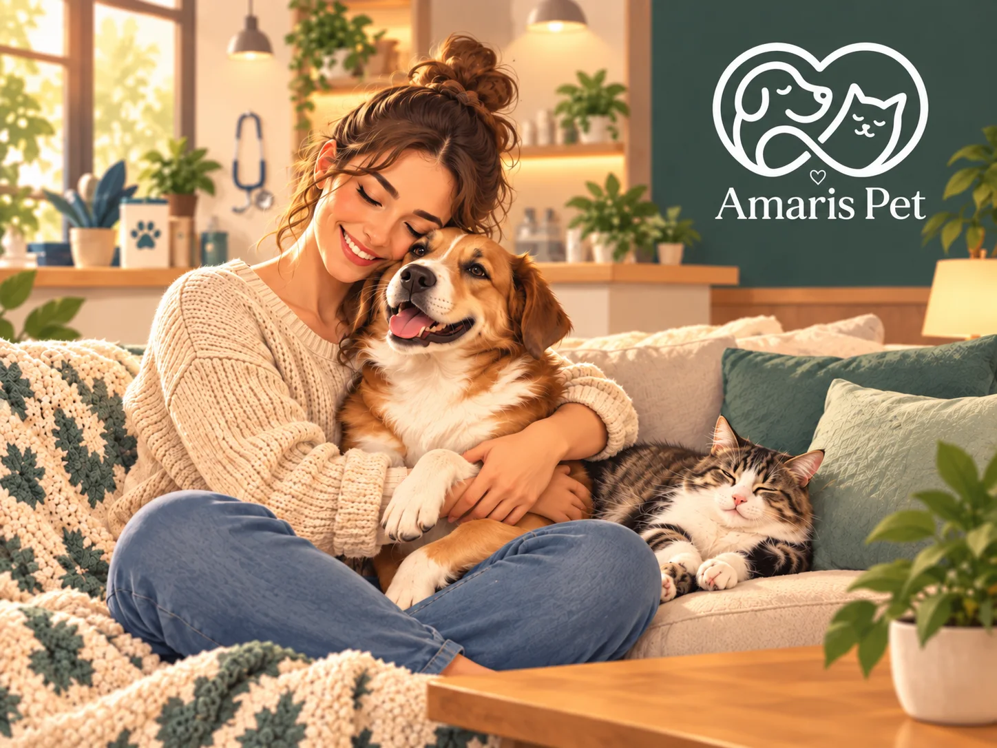 Tutor abraçando um cão adotado em casa, com um gato ao lado, simbolizando cuidados de saúde e bem-estar após a adoção responsável