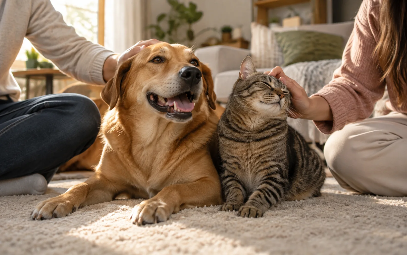 Cachorro caramelo e gato sentados juntos no tapete de uma casa acolhedora, representando a adoção responsável de pets de abrigo ou de rua.